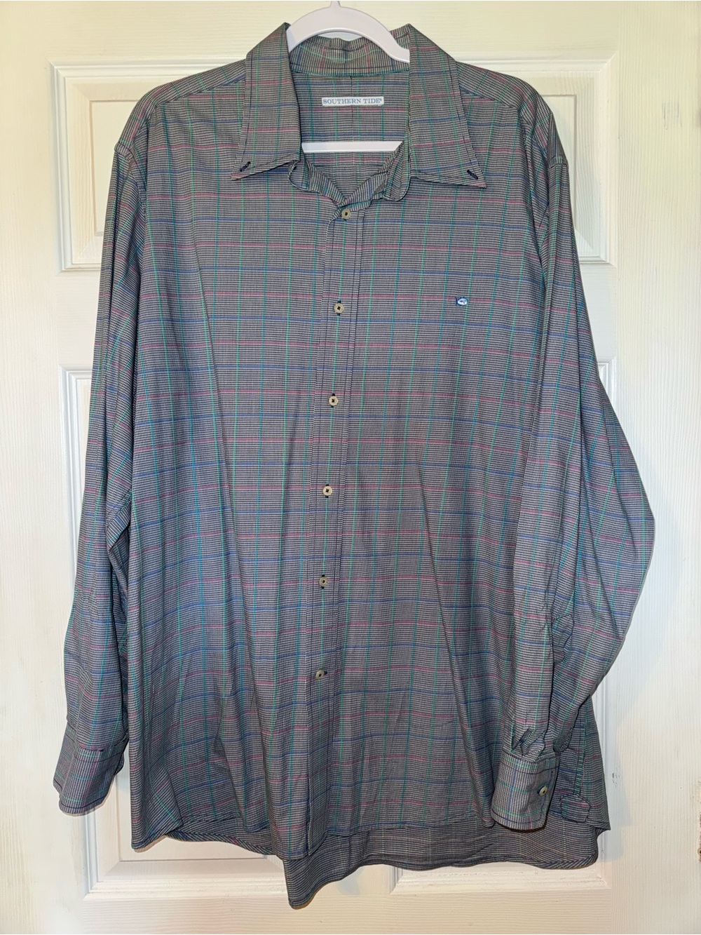 Southern Tide Men's Plaid Button-Down Shirt - Gray with Blue and Green Accent